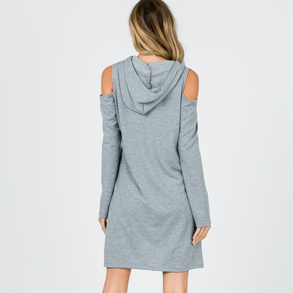 Grey French Terry cold shoulder dress w/ hoodie - Picture 3 of 8
